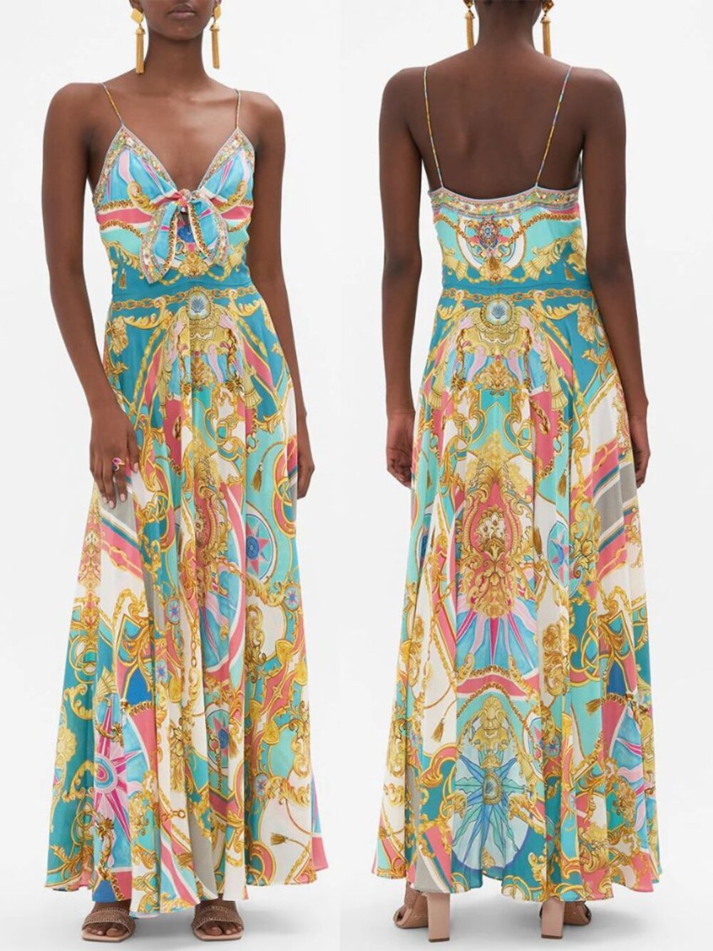 Camilla Sail Away With Me Long Dress Tie Front Nautical Colorful Maxi Size M